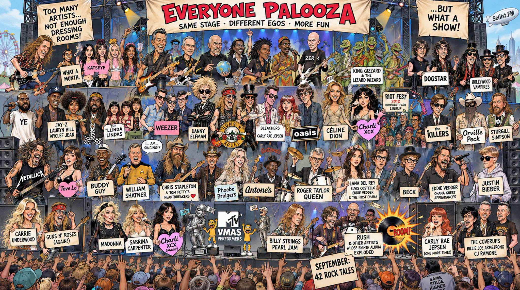 An illustrated concert poster showing September’s featured artists under a banner reading ‘Everyone Palooza,’ with a sign that says ‘September: 42 Rock Tales.’